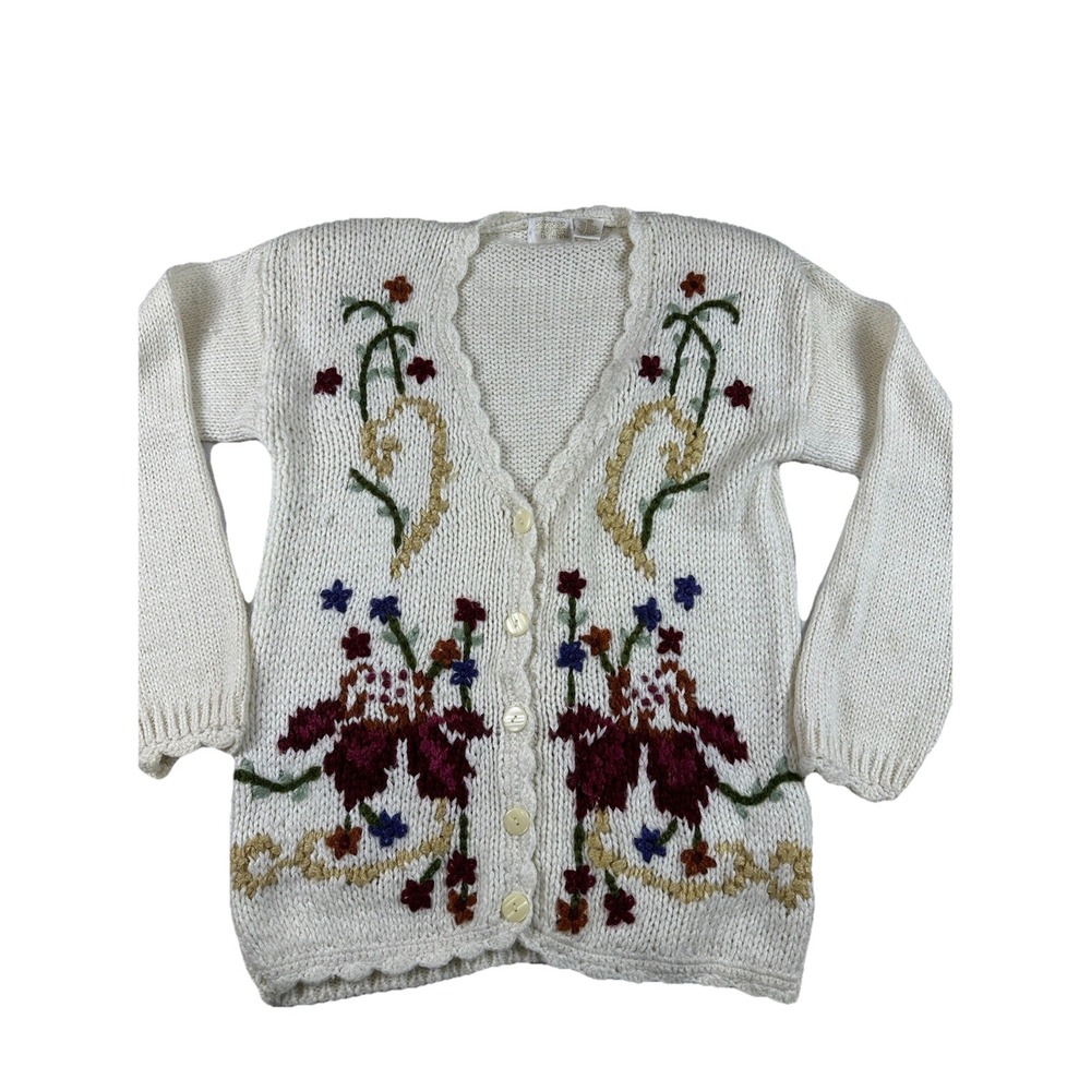 Needles‎ & Yarn Floral Knit Cardigan Chunky Knit Sweater Vintage 80s 90s Sz Med